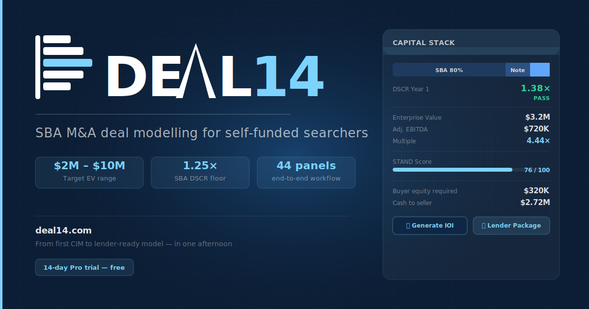 Deal14 — SBA 7(a) M&A Deal Modelling for ETA Searchers